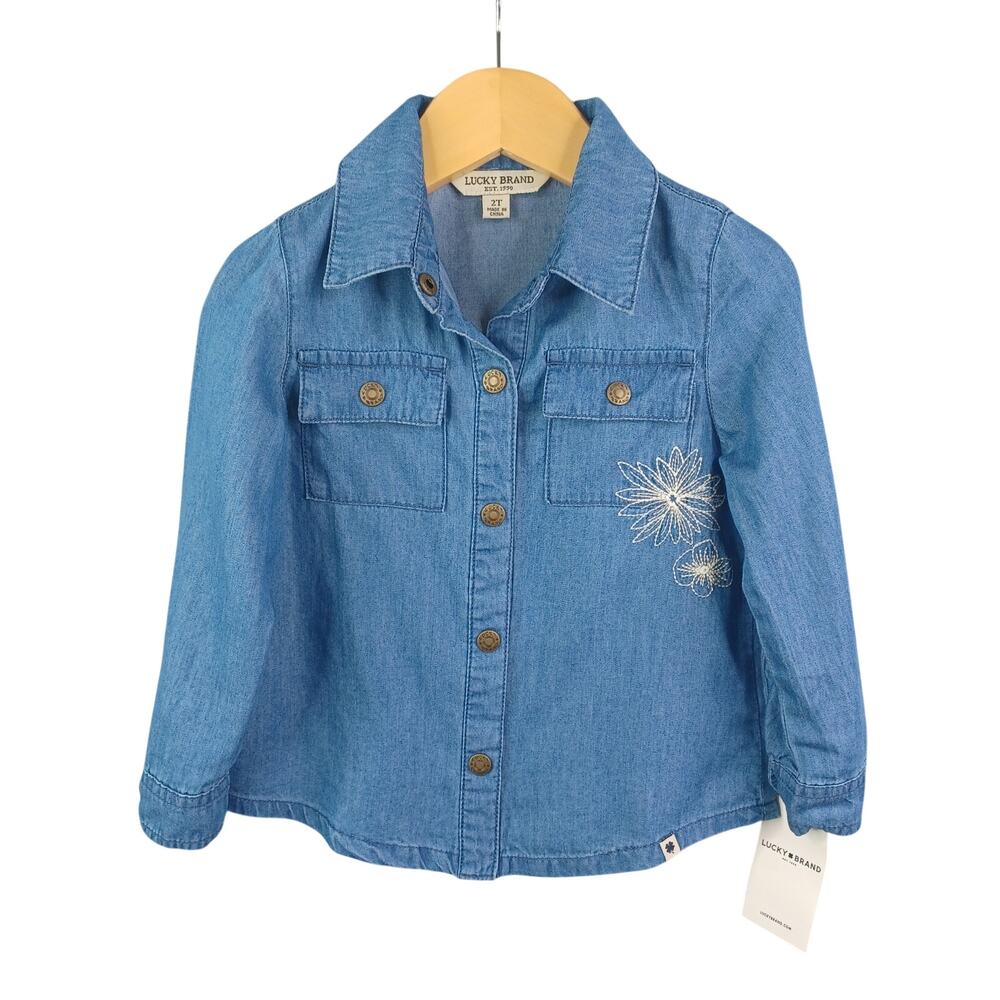 Lucky Brand Girls Chambray Embroidered Denim‎ Shirt Snap Up Pockets Size 2T Blue
